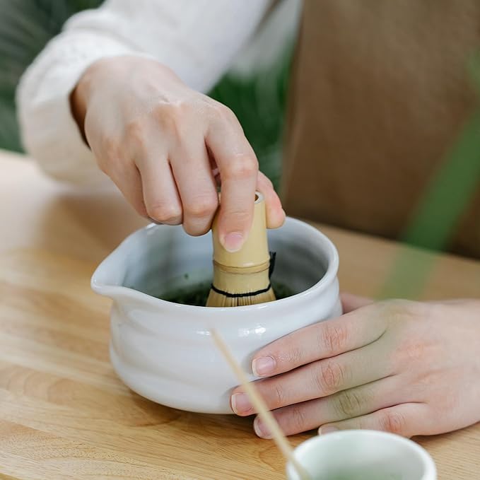Matcha Whisk Set- Matcha Set includes Matcha Whisk and Bowl with Spout, Sifter, Holder and Scoop- The Perfect Bamboo Whisk for Matcha Tea (White)