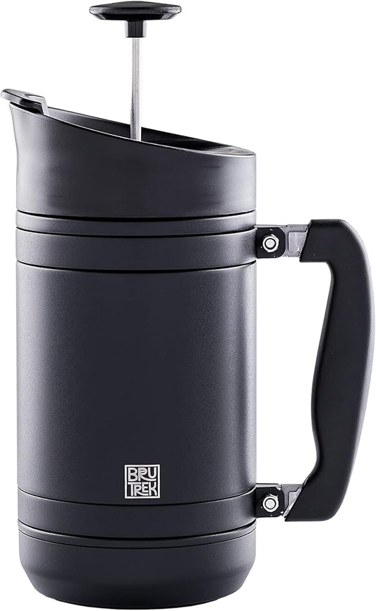 BruTrek BaseCamp Coffee Press - Double Wall Insulated Stainless Steel - Bru-Stop Technology, No Grounds in Coffee, No Spill Lid (Obsidian, 32 fl.oz)