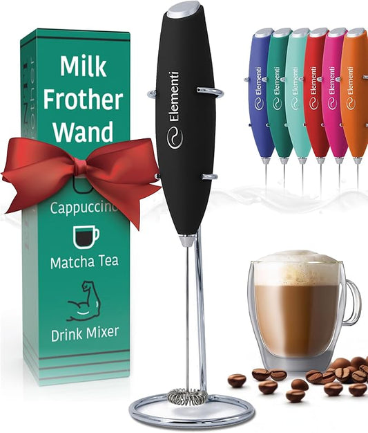 Elementi Milk Frother Wand & Drink Mixer with Stand - Turbo Milk & Coffee Frother Handheld - Hand Held Coffee Mixer Wand & Cold Foam Maker for Frothy Cappuccinos, Lattes & Drink Mixes at Home - Black