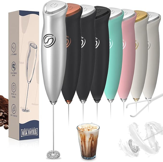 Milk Frother Wand Coffee Frother Handheld Drink Mixer Handheld with 2 Whisks Electric Whisk Stirrers Electric Frother for Coffee Mixer Wand Milk Foamer-Silver