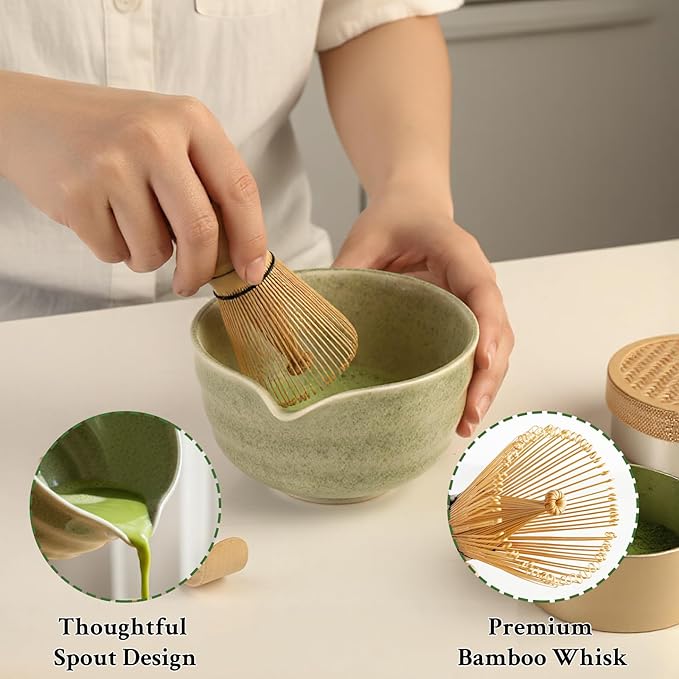 Matcha Set Whisk and Bowl with Spout and Measuring Spoon, Japanese Ceremony Matcha Tea Making Tools (Green)