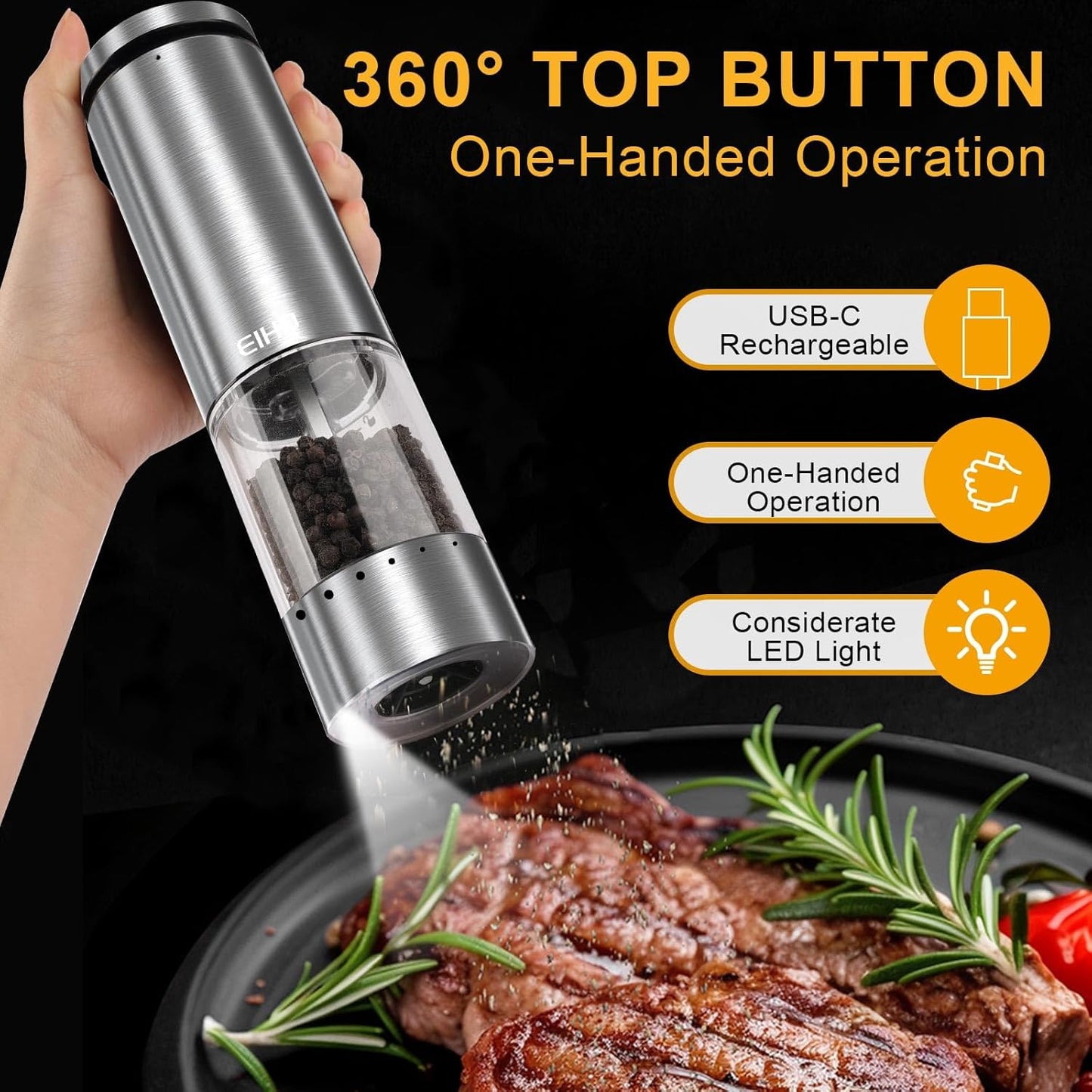 EIHO Electric Salt and Pepper Grinder Set USB Rechargeable, Upgraded External Adjustable Coarseness, Stainless Steel Automatic Salt and Pepper Shakers Mills with LED Light, House Warming Cooking Gifts