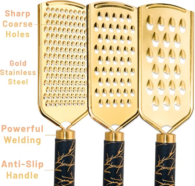 Professional Cheese Grater, Gold Stainless Steel Cheese Grater Handheld, Grater Hand Crank, Practical Kitchen Gadgets, Graters for Cheese, Chocolate, Spices (3 Size)