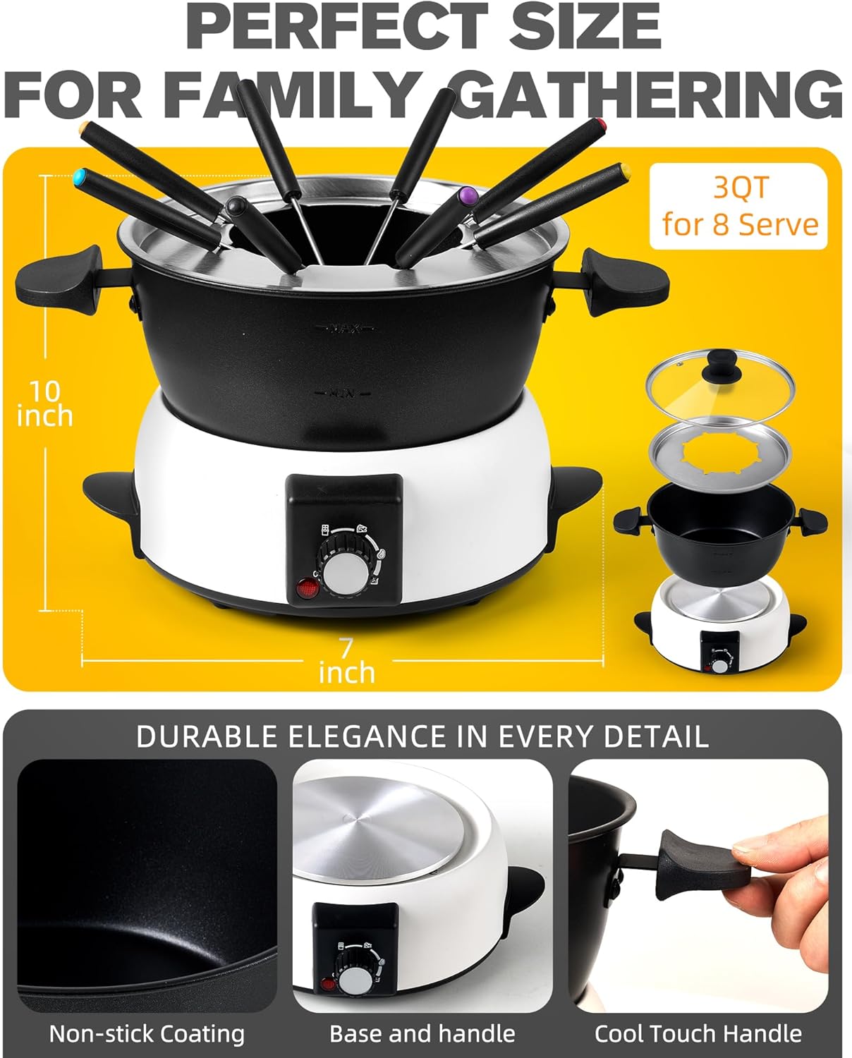 3-Quart Electric Fondue Pot Set – Stainless Steel Fondue Pot with 8 Color-Coded Forks, 3-Mode Adjustable Temperature Control for Cheese, Chocolate, Oil, and Hotpot, Model FD-10B