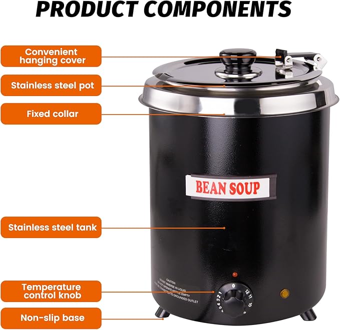 6Qt Soup Warmers Commercial Soup Kettle Warmer with Hinged Lid and Detachable Stainless Steel Pot, Food Warmer for Parties, Buffet - Black