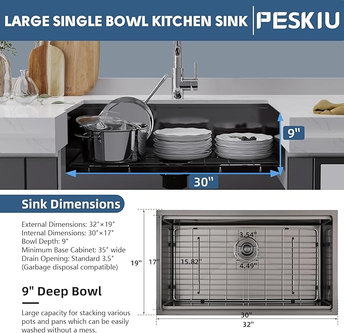 32"x19" Undermount Kitchen washbasin Cabient, 16 Gauge Single Bowl Stainless Steel, Nano Coating & Brushed Finish Matte Black Modern washbasin Workstation with Ledge and Accessories