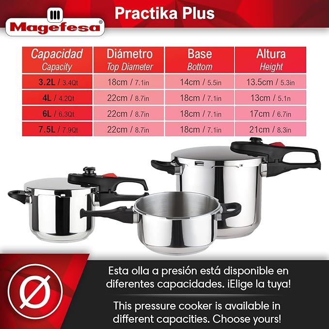 Magefesa Practika Plus Stainless Steel Pressure Cooker Set, 4.2 & 6.3 Quart, Works on All Stovetops, Induction-Compatible, Encapsulated Diffuser Bottom, 5 Safety Systems