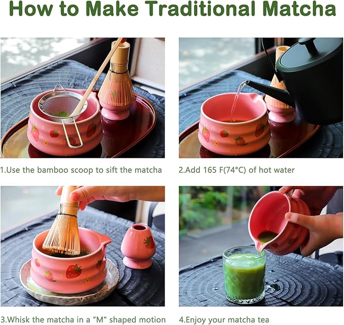 Pink Matcha Set Whisk And Ceremony Bowl, 5 Pcs Ceramic Traditional Matcha Making Kit Gift Set For Women Friends Tea Lover