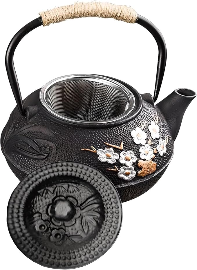 Japanese Cast Iron Teapot with Infuser, Plum Blossom Design, 300ml Capacity, Black, Stainless Steel Infuser, Stovetop Safe