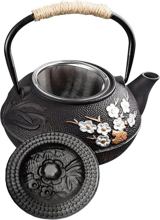 Japanese Cast Iron Teapot with Infuser, Plum Blossom Design, 300ml Capacity, Black, Stainless Steel Infuser, Stovetop Safe