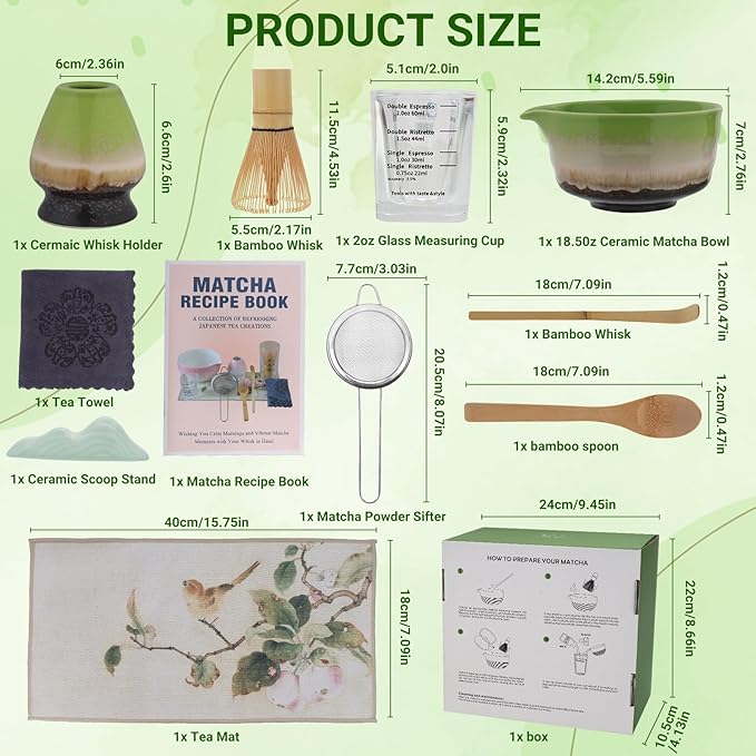 Matcha Whisk Set – 10 Pcs Matcha Set Whisk and Bowl – Ceremonial Matcha Kit, Matcha Starter Kit & Accessories – Japanese Matcha Set Gift for Tea Ceremony and Matcha Lovers (Tri-Color Glazed)