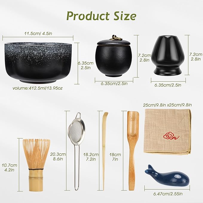 Matcha Tea Set 9 Pcs，Japanese Ceramic Bowl，Bamboo Matcha Whisk (Chasen), Scoop (Chashaku), Stainless Steel Sifter，Whisk Holder,Tea Powder Caddy (Black)