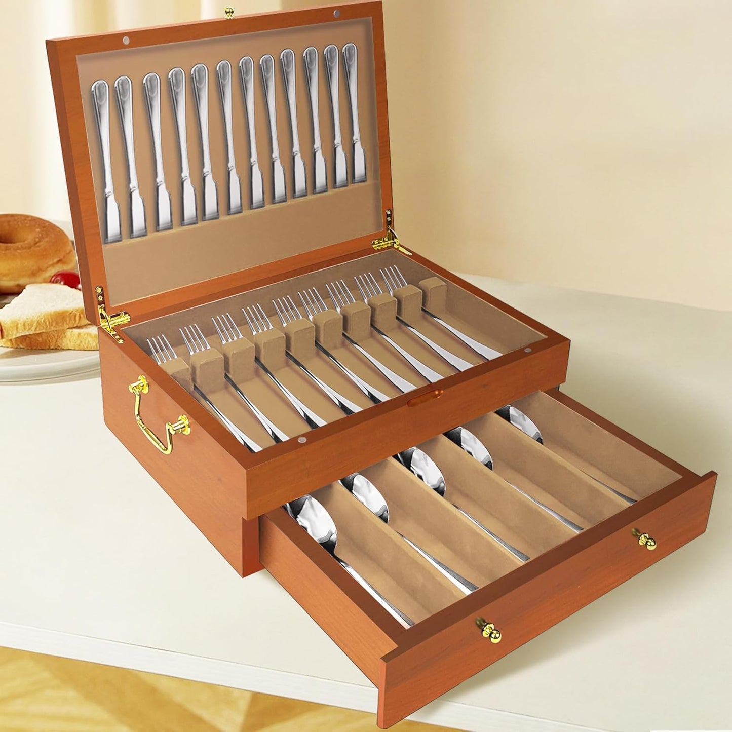 Silverware Storage Box Solid Wood with Lid, 2 Layer Silverware Storage Chest, 15.5'' ×11.5'' Silverware Organizer with Handle and Felt Lined, Chest for Flatware Setting Up 30