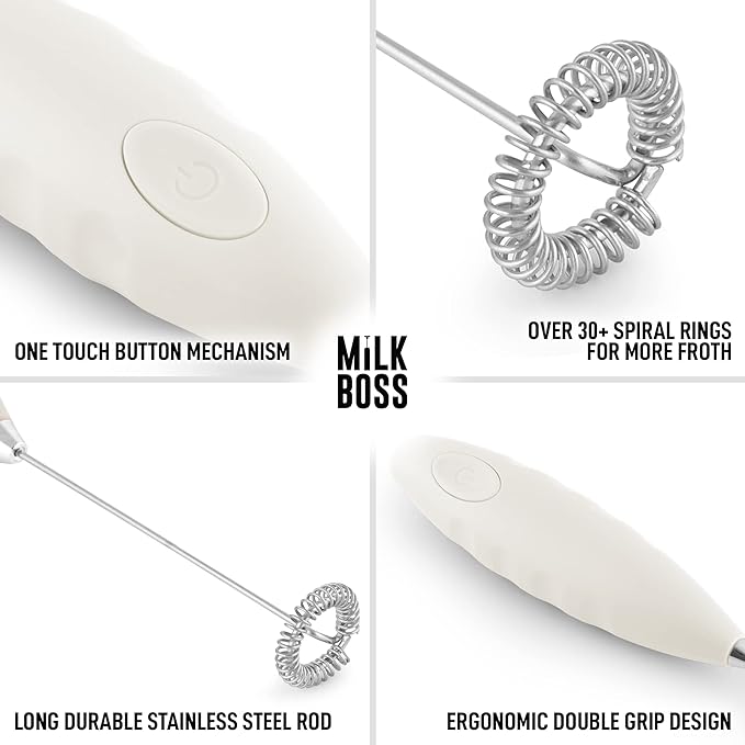 Milk Boss Milk Frother for Coffee - Comfort Grip Matcha Whisk - Electric Matcha Mixer and Mixer Electric Handheld - Coffee Frother Handheld - Electric Drink Mixer With Batteries Included (White)