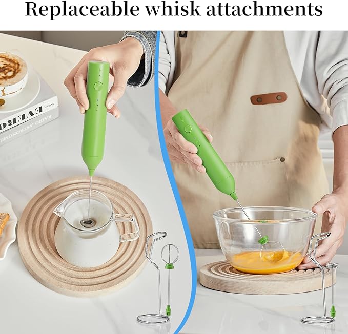 Electric Milk Frother Set, Rechargeable Drink Blender with Wand and Egg Whisk, 3 Speed Adjustable Foam Maker Mixer, Milk Frother Handled for Coffee, Matcha, Protein Powder (Green with Stand)