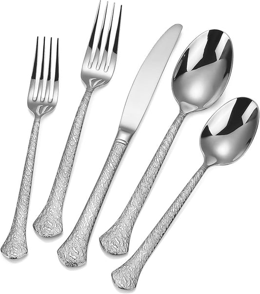 20-Piece Hammered Flatware Set for 4, 18/10 Stainless Steel Silverware Set, Heavy Duty Cutlery Set, Dishwasher Safe, Fancy Elegant Gift