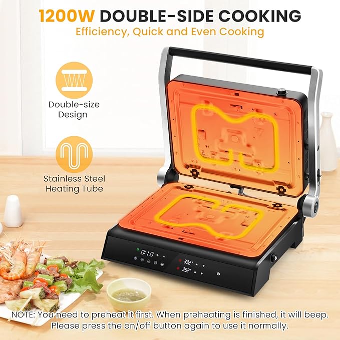 Panini Grill Press Sandwich Maker, 3 In 1 Sandwich Maker with Removable Plates & Led Display, 1200w Panini Press Machine for Toaster, Bread, BBQ, Vegetable
