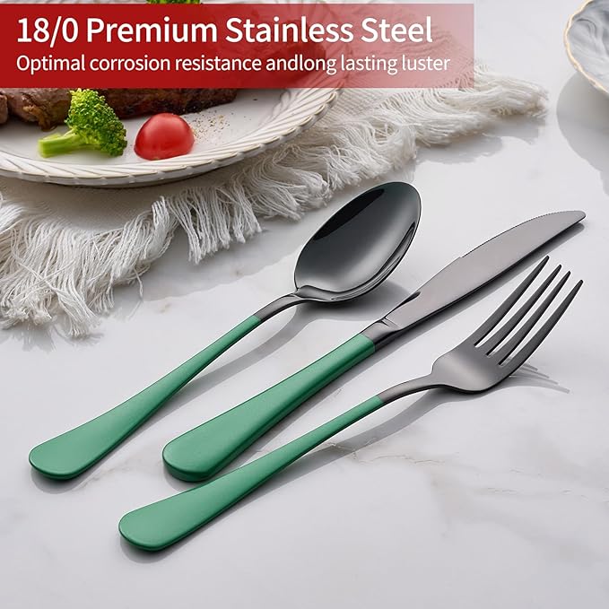 20-Piece Green Silverware Set - 18/0 Stainless Steel, Black Silverware Set With Green Handles - Dinner Knives, Forks, Spoons - Dishwasher Safe