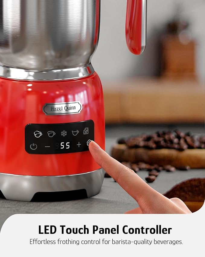Hazel Quinn Milk Frother - Milk Steamer with Adjustable Temperature & Foam Thickness, Dishwasher Safe, Detachable Base, for Latte/Cappuccino/Hot Chocolate, Cold Foam, 400ML (13.5OZ) - Ruby Red