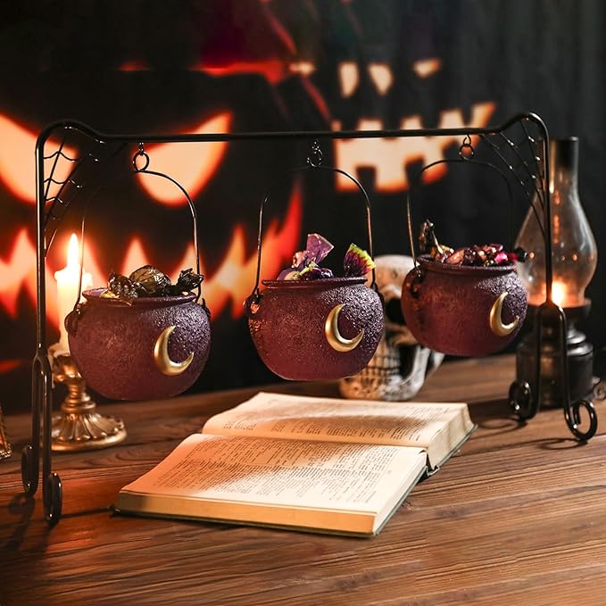 Halloween Decor Halloween Party Decorations Set of 3 Witches Cauldron Serving Bowls on Rack Black Resin Cauldron for Indoor Home Kitchen Decoration Purple Moon