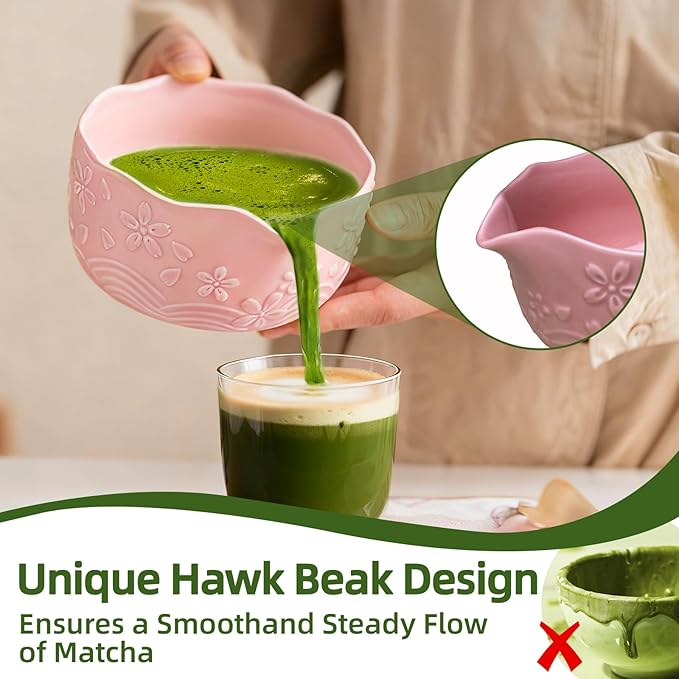Matcha Whisk Set, Pink Matcha Set, Matcha Set Whisk and Bowl Made of Ceramic, Matcha Kit Includes Matcha Whisk, Matcha Whisk Holder, Bamboo Scoop, Powder Sifter - 7 Pcs Matcha Kit for Matcha Lovers