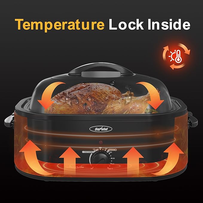 Sunvivi Roaster Oven with Self-Basting Lid,20 Quart Electric Roaster with Removable Pan & Rack,150-450°F Full-Range Temperature Control with Defrost/Warm Function,Stainless Steel,Black