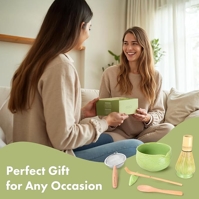 Matcha Kit Whisk Set (7 Pcs) - Complete Matcha Set, Matcha Bowl with Spout, Whisk with Holder, Bamboo Scoop with Rest and Sifter, Perfect Kit for Matcha Lovers (Green Mist)