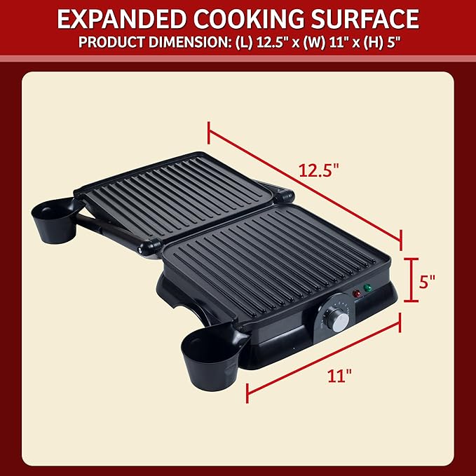 Panini Press - 1400-Watt Electric Indoor Grill and Gourmet Sandwich Maker with Nonstick Plates - Opens Flat for Larger Grilling Surface by Chef Buddy
