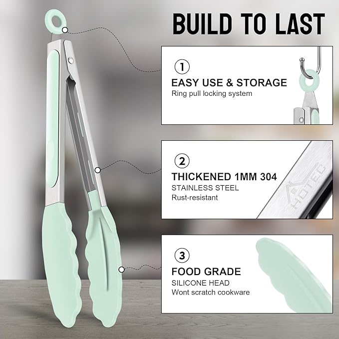 Hotec Premium Stainless Steel Locking Kitchen Tongs with Silicon Tips, Set of 2-9" and 12" Light Green