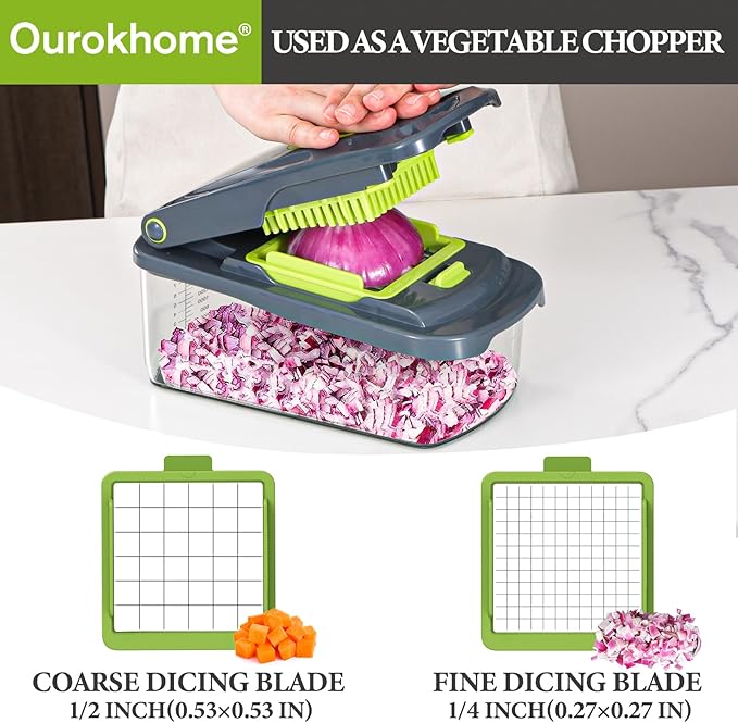 Ourokhome Veggie Chopper and Dicer with Container, Manual Hand Food Mandolin Slicer with 4 in 1 Handheld Vegetable Spiralizer for Zucchini, Potato, Onion, Essential Kitchen Gadgets (12 in 1, Gray)