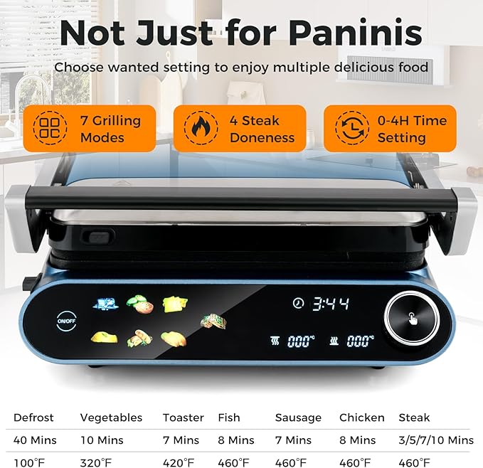 Happygrill 3 in 1 Panini Press Electric Indoor Grill & Sandwich Maker,1200W Open Flat Griddle w/ 2 Removable Non-Stick Dishwasher-Safe Plates,LED Display,7 Modes,Independent Temp Control & Drip Tray