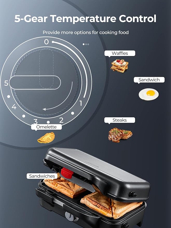 3 in 1 Sandwich Maker, Waffle Maker with Removables Plates, Panini Press Waffle Iron Set with 5-gear Temperature Control, Non-stick Coating Cool Touch Handle Anti-skid Feet for Breakfast, 1200W