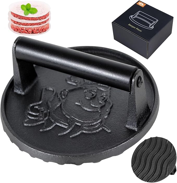 Smash Burger Press-Heavy Duty Hamburger Press with Heat Insulation Handle-6 Inch Cast Iron Burger Smasher,Bacon Press,Sandwich Press-Round Grill Press for Griddle-50 PC Burger Press Patty Paper