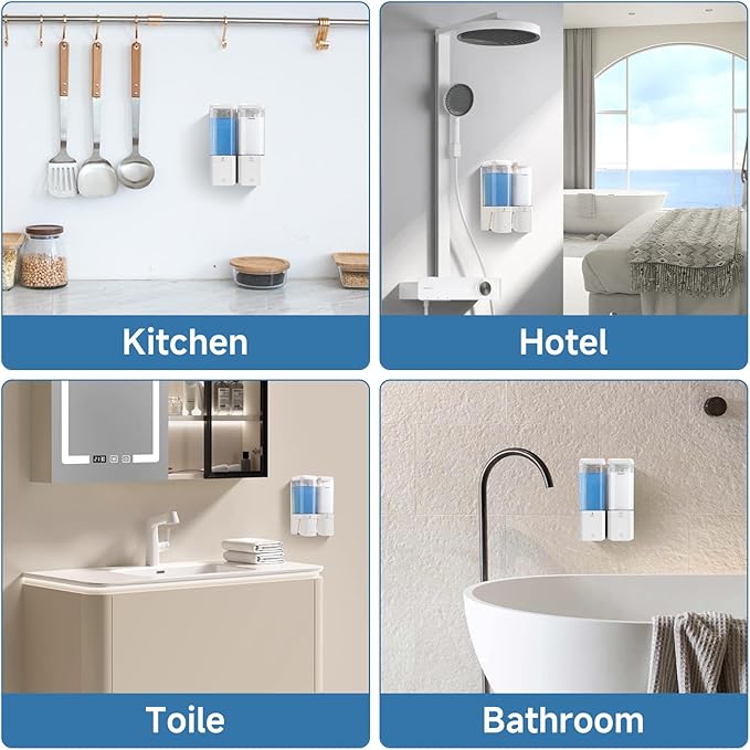 Shampoo and Conditioner Dispenser Wall Mounted, Shower Soap Dispenser No Drill Upadate Easy Slot Install, Shampoo Dispenser for Shower Bathroom Large Capacity 500ml * 2 Chamber Holder White