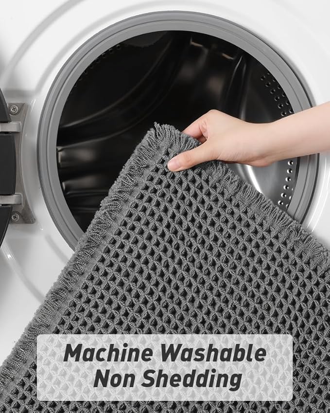 AMOAMI Upgraded Waffle Runner Rug Super Absorbent Non Slip Bath Mats for Bathroom Floor Machine Washable Bathroom Runner Rug with Tassels, Ideal for Hallway Bedroom Laundry Room, Dark Grey, 17" x 60"