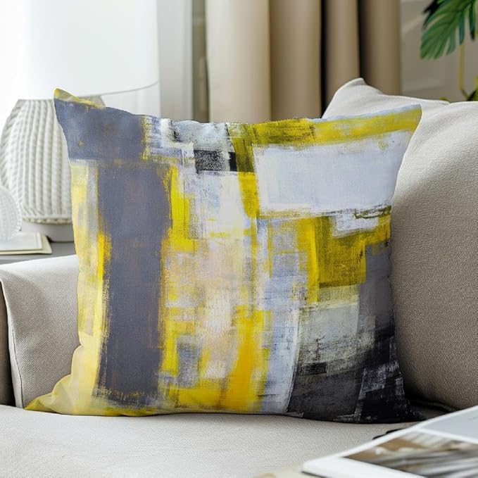 Yellow and Grey Abstract Art Artwork Pillow Cover, Gallery Modern Decorative Throw Pillows Cushion Cover for Bedroom Sofa Living Room 22 x 22 Inch Set of 2