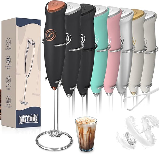 Milk Frother With Stand Handheld Drink Mixer Handheld with 2 Whisks Milk Frother Wand Coffee Frother Electric Whisk Stirrers Electric Milk Frother for Coffee Mixer Wand-Black/Copper