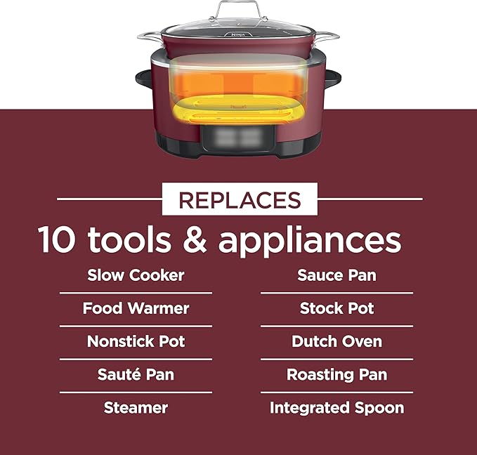 Ninja Foodi PossibleCooker PRO 8.5Qt Multicooker 8 in 1 Slow Cooker, Dutch Oven, Steam Bake Roast Sear Sauté Bread Maker Warmer, Glass Lid, Integrated Spoon, Nonstick (Cherry)