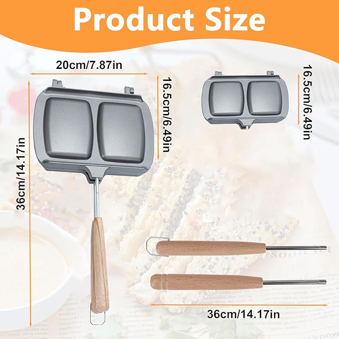 Qivine Breakfast Sandwich Maker, Double-Side Hot Dog Toaster, Nonstick Sandwich Baking Pan Hot Dog Bun Pan, Campfire Sandwich Maker With Removable Handle for Breakfast Pancakes, Toast, Omelets