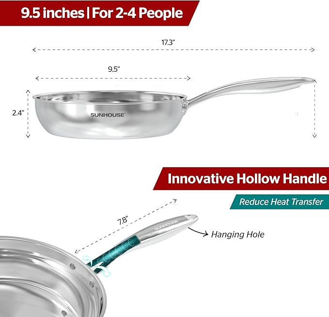 Sunhouse – 9.5 Inch / 24 cm Stainless Steel Frying Pan, Tri-Ply Stainless Steel Construction, PFOA-FREE, Stay-Cool Handle, Induction Compatible with All Cooktops, Dishwasher Safe