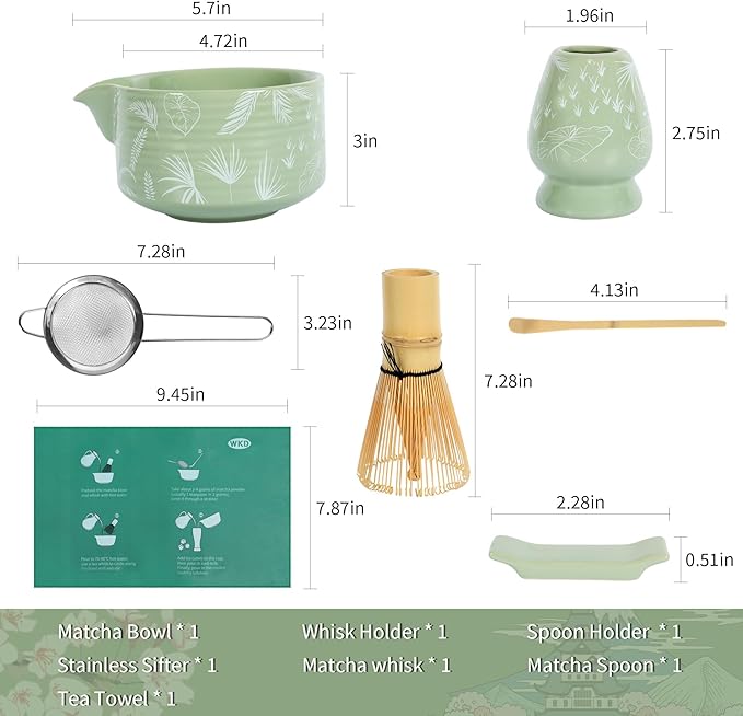 Matcha Whisk Set, 7 PCS Japanese Tea Set Includes Matcha Bowl with Spout, Whisk & Holder, Bamboo Scoop, Stainless Sifter, Towel, Ceramic Matcha Kit Making Tools, Gift for Matcha Lovers, green