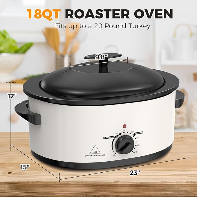 8 QT Electric Roaster Oven with Self-Basting Lid, Turkey Roaster Oven with Defrost Warm Function, Removable Pan and Rack, Stainless Steel White