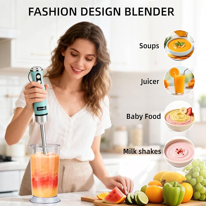 4 in 1 Corded Hand Blender Includes Food Chopper, Mixing Beaker Milk Frother and Whisk 600W Handheld Blender with Stainless Steel Blade, Baby Food Blender