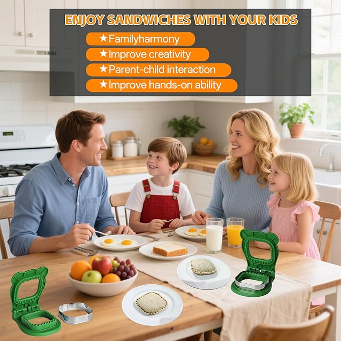 Sandwich Cutter and Sealer - 3.7" Circle & Square Pocket Sandwich Maker, Intuitive & Easy-to-Use for Boys &Girls, Perfect for Breakfast & Lunchboxes (Green, Square)