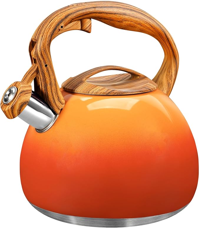 GGC Tea Kettle for Stove Top, 3.1QT/3L Whistling Tea Kettles for Boiling Water, Coffee or Milk, Red Sunset Tea Pot with Wood Pattern Handle, Stainless Steel Tea Pot for Home and Kitchen