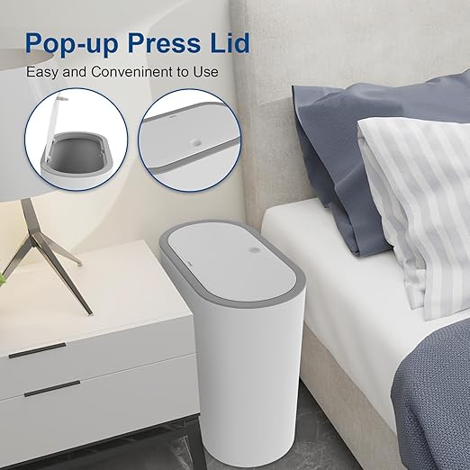 Naisu 15 Liter Rectangular Plastic Trash Can Wastebasket with Press Type Lid,4 Gallon Slim Plastic Trash Bin, Trash Can Waste Bins for Bedroom, Bathroom, Office, Kitchen， Powder Room（White）
