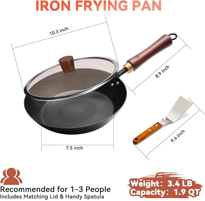 WANGYUANJI 10.2" Iron Skillet with Glass Lid & Griddle Spatula, Flat-Bottom Frying Pan, Hand-Hammered, Uncoated, Induction/Gas/Electric Compatible — Seasoning Required