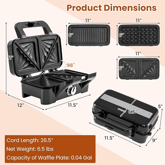 KOTEK 3 In 1 Sandwich Maker, Waffle Maker with Removable Plates, 5-Gear Temperature Control, Non-Stick Coating, Cool Touch Handle & Indicator Lights, Panini Press for Breakfast, 1200W