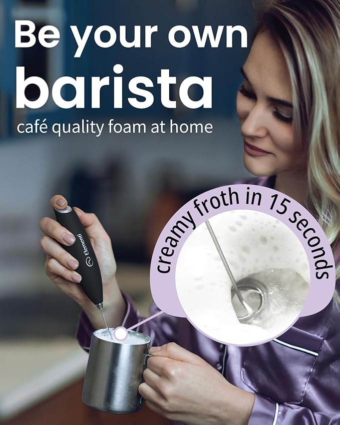 Elementi Milk Frother Wand & Drink Mixer with Stand - Turbo Milk & Coffee Frother Handheld - Hand Held Coffee Mixer Wand & Cold Foam Maker for Frothy Cappuccinos, Lattes & Drink Mixes at Home - Black