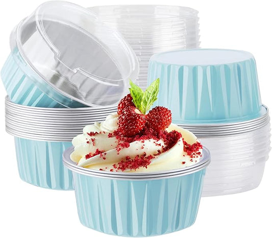 EUSOAR Disposable Ramekins with Lids, Lake Blue 25Packs 5oz Aluminum Foil Mini Muffin Liners, Dessert Cheesecake Pan Creme Brulee Cupcake Ramekins Containers for Catering Gathering Club Wedding Party